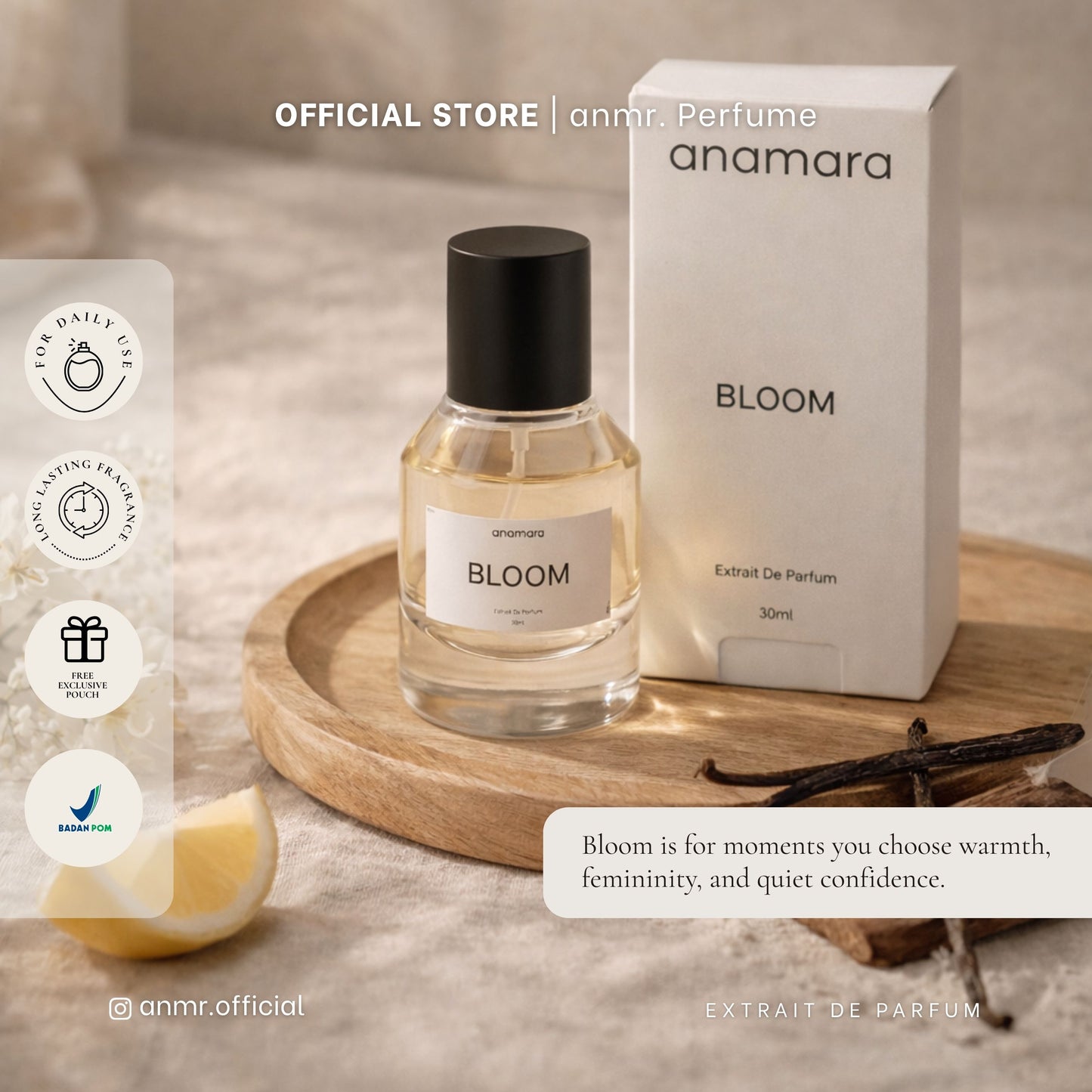 anmr. BLOOM - Soft Warm Floral Scent with Citrus, Vanilla & Woods | Extrait de Parfum | 30ml